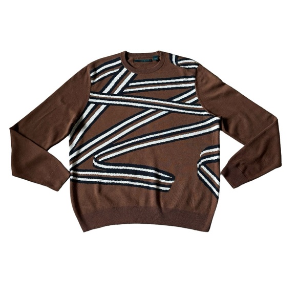 PERRY ELLIS Ribbon Tape Design Crewneck Sweater Brown Navy White L - Picture 2 of 8